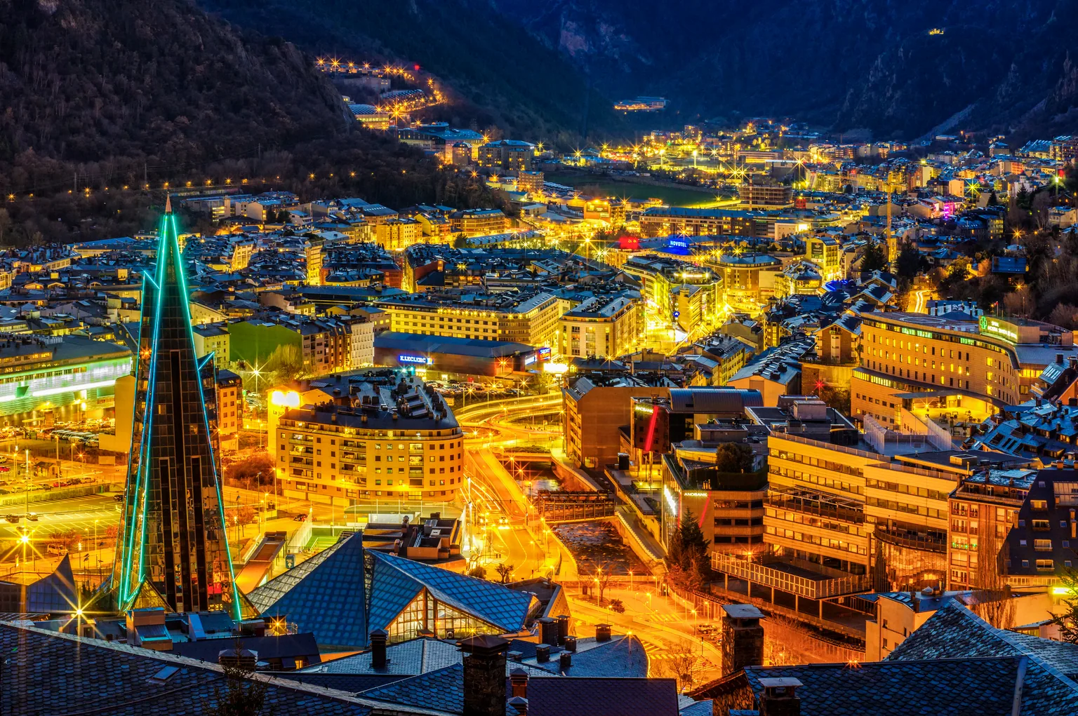 Night view of Andorra la Vella, capital of the Principality of Andorra